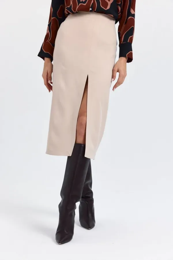 Yüksek Bel Yırtmaçlı Düz Kesim Midi Etek