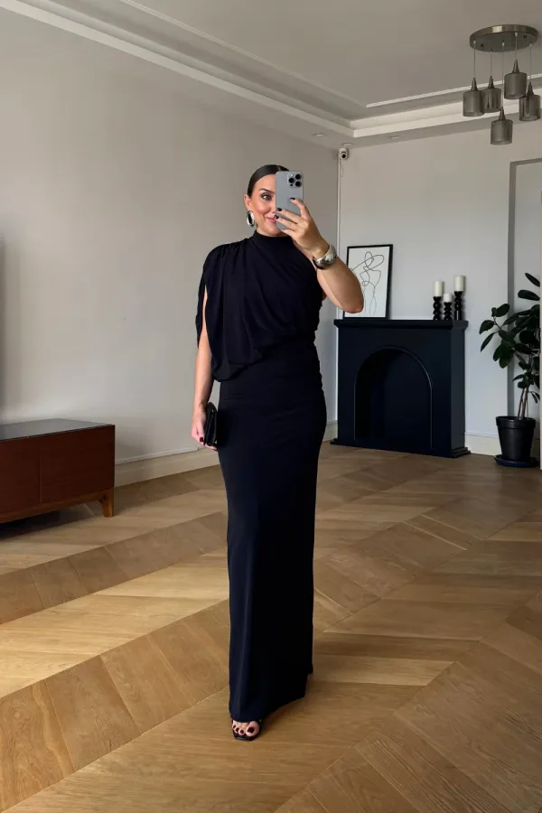 Tek Omuz Drape Detaylı Uzun Elbise