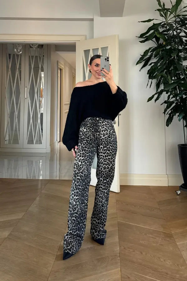 Leopar Desenli Denim Kadın Pantolon