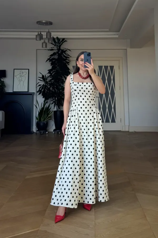 Square Neck Polka Dot Strappy Midi Dress Square Neck Polka Dot Strappy Midi Dress