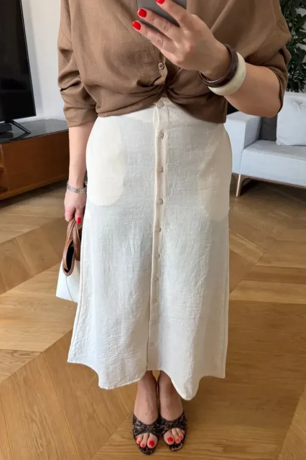 Keten Karışımlı Düğmeli Midi Etek