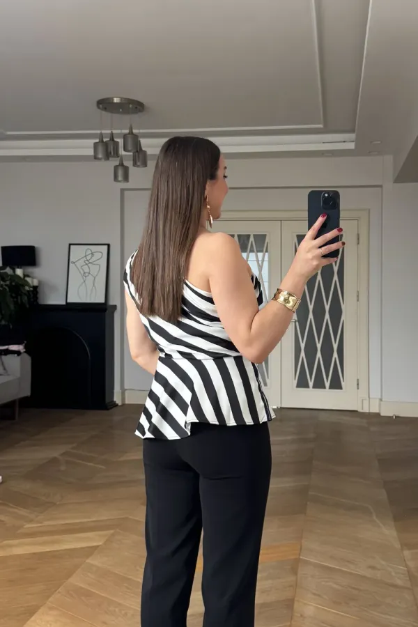 One-Shoulder Striped Satin Blouse