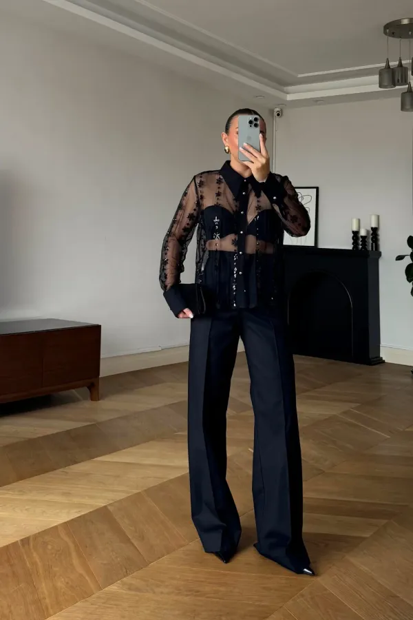 Transparan Tül Kadın Gömlek