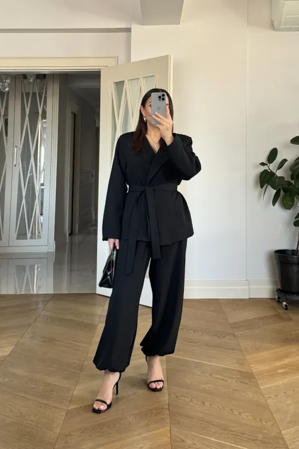 Kuşaklı Ceket Pantolon Kadın Takım