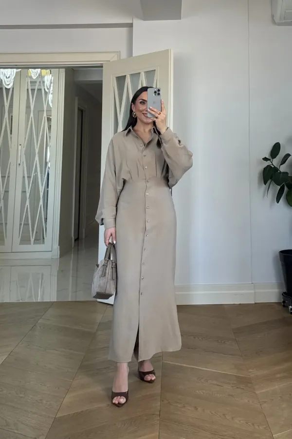 Kuşak Detaylı Uzun Kollu Gömlek Elbise