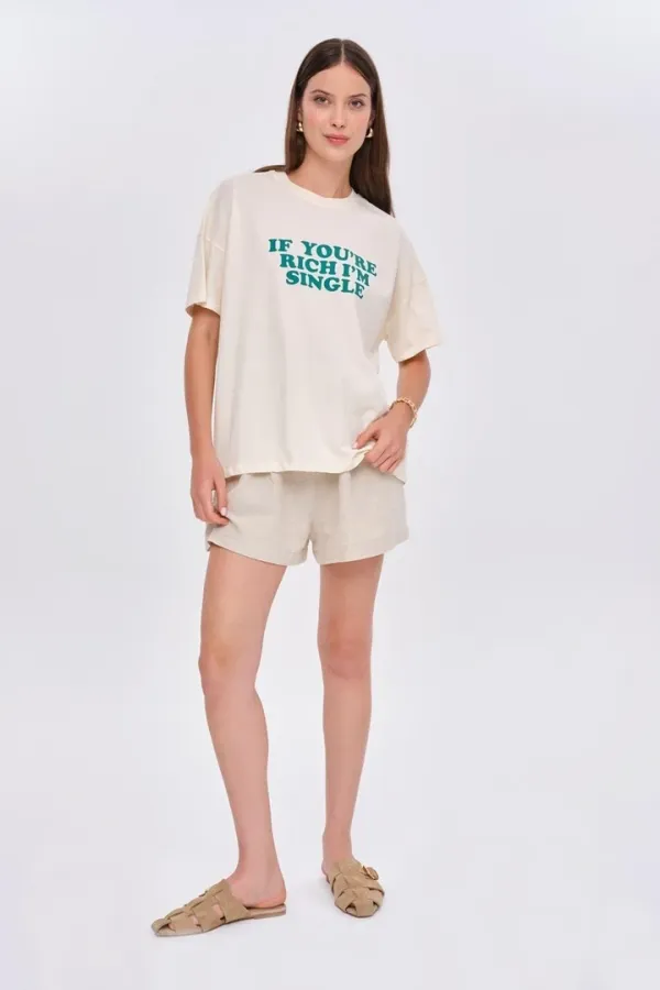 Oversize Bisiklet Yaka Baskılı Kadın Tişört