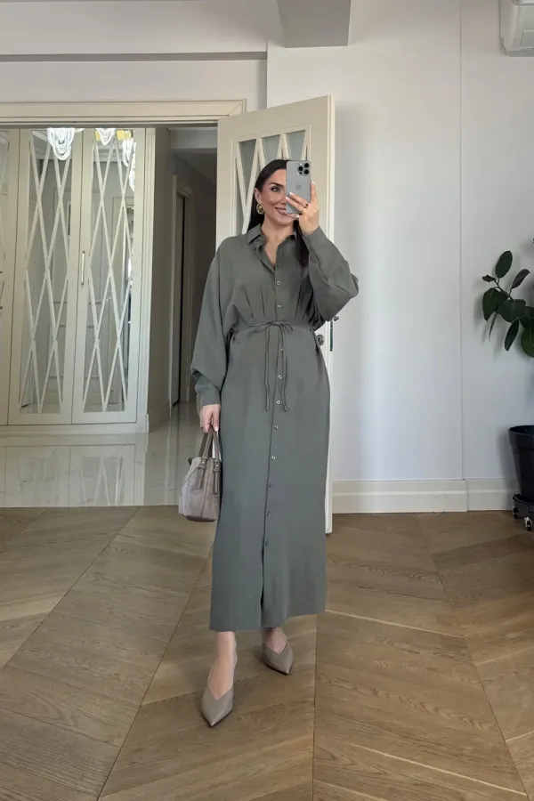 Kuşak Detaylı Uzun Kollu Gömlek Elbise