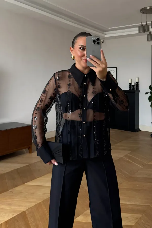 Transparan Tül Kadın Gömlek