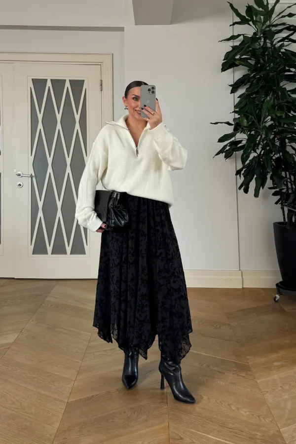 Floral Patterned Asymmetrical Midi Skirt