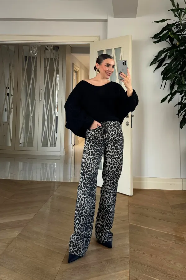 Leopar Desenli Denim Kadın Pantolon