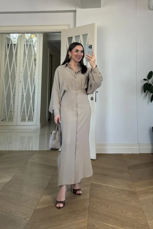 Kuşak Detaylı Uzun Kollu Gömlek Elbise
