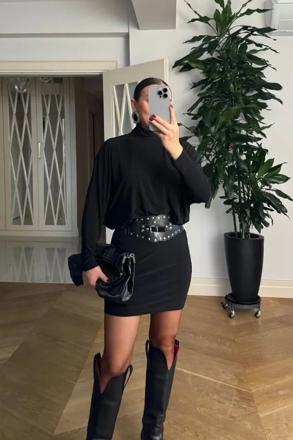 Yarasa Kol Kemerli Mini Elbise