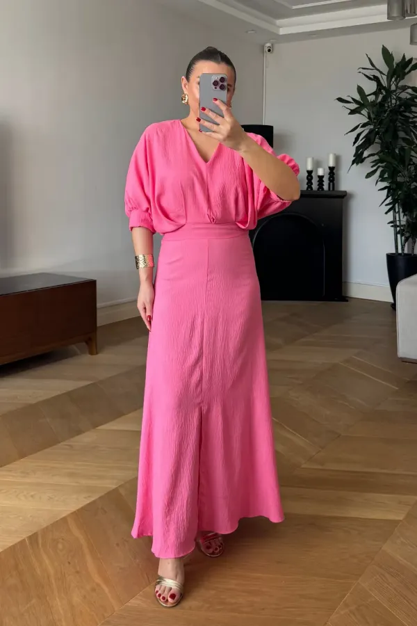 V Yaka Kısa Kollu Uzun Elbise