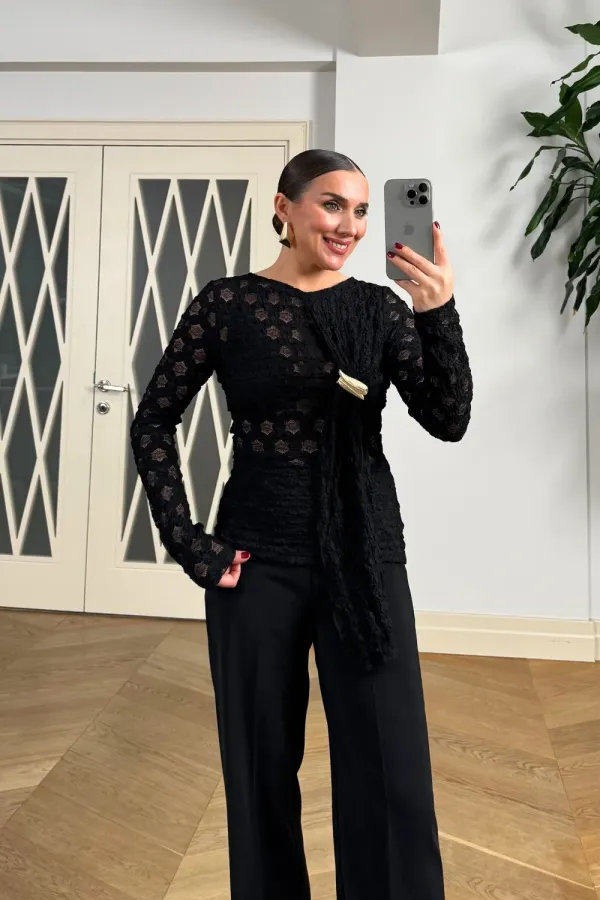 Transparan Uzun Kollu Şal Yaka Bluz