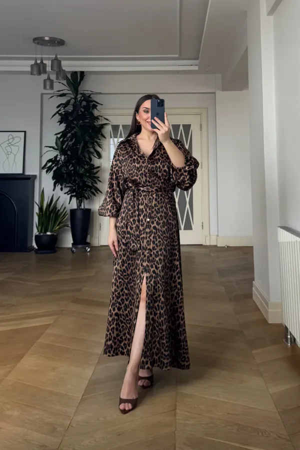 Leopar Desenli Gömlek Elbise