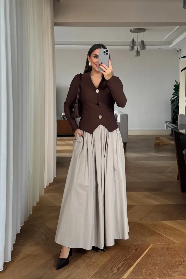 V Yaka Fitilli Uzun Kollu Bluz