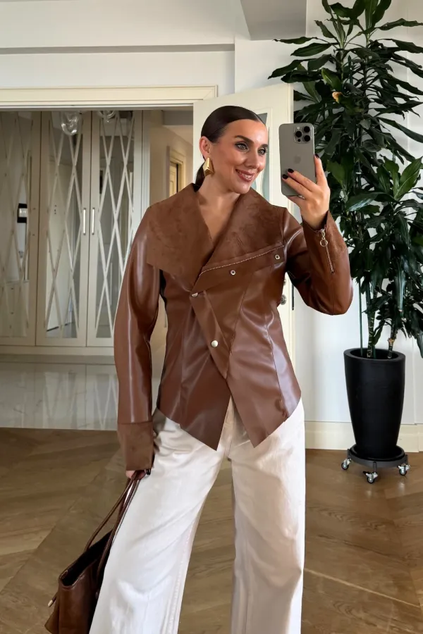 Suni Deri Çıtçıtlı Kadın Ceket