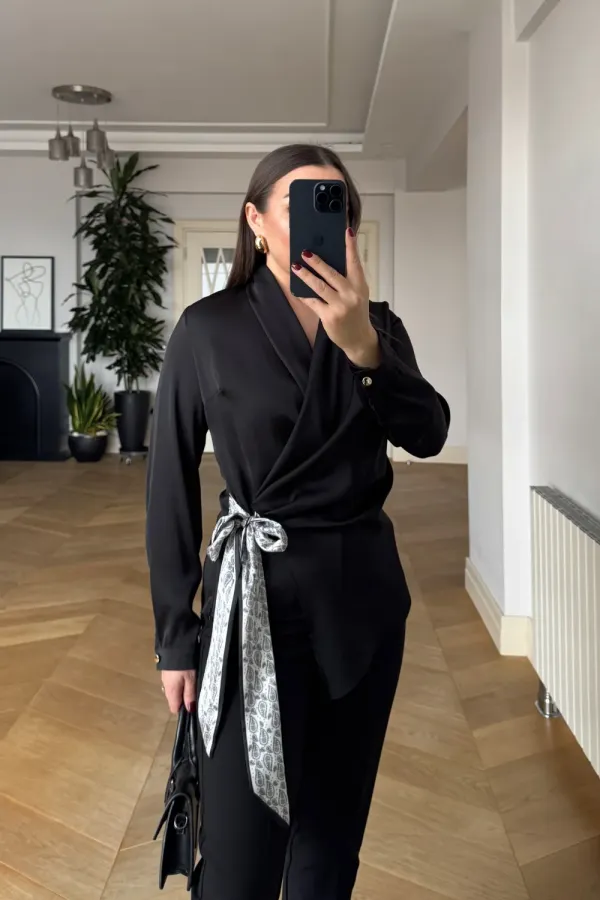 Kruvaze Bağlamalı Uzun Kollu Bluz