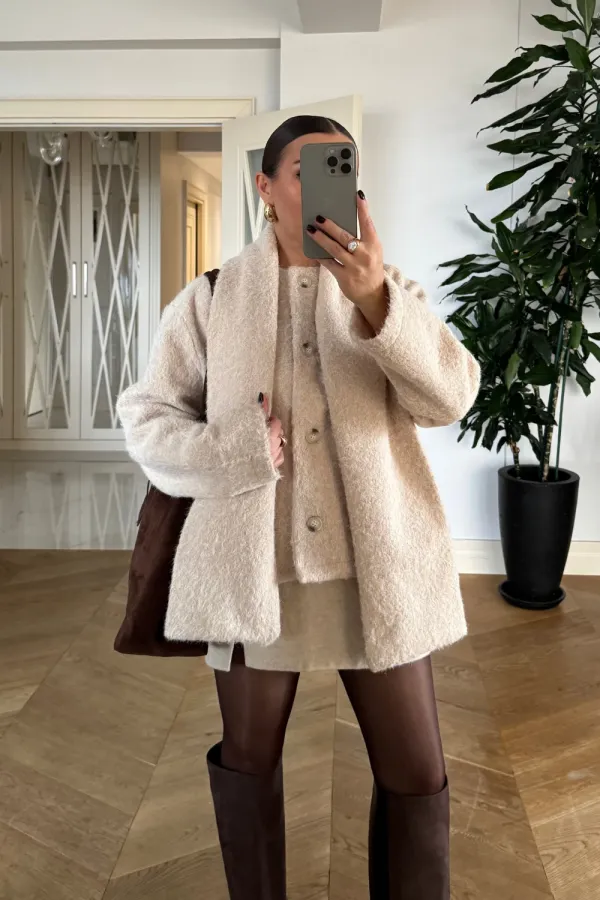 Women's Buttoned Jacket with Scarf Detail