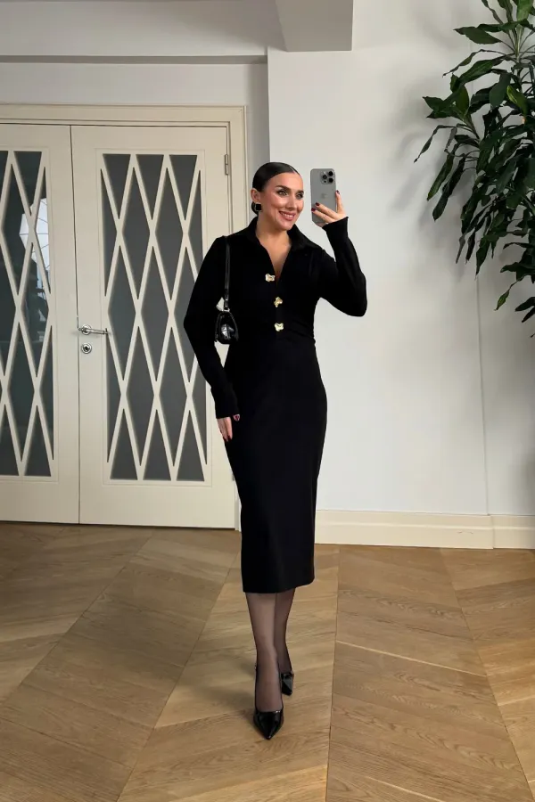 Kadife Dokulu Midi Gömlek Elbise