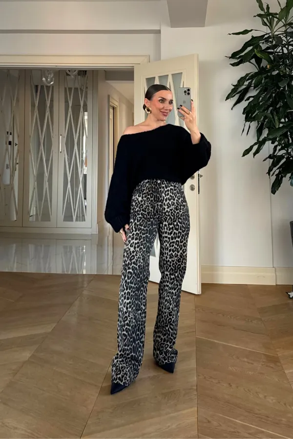 Leopar Desenli Denim Kadın Pantolon