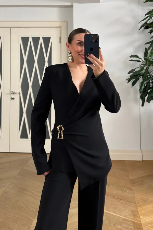 Kruvaze Düğmeli Ceket Pantolon Kadın Takım