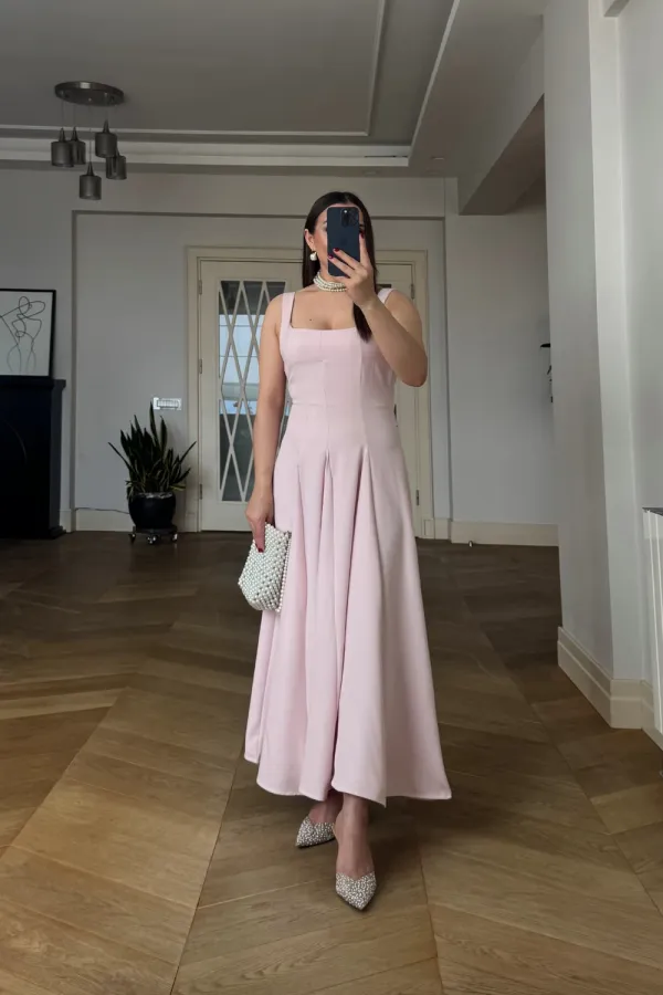 Square Neck Strappy Midi Dress