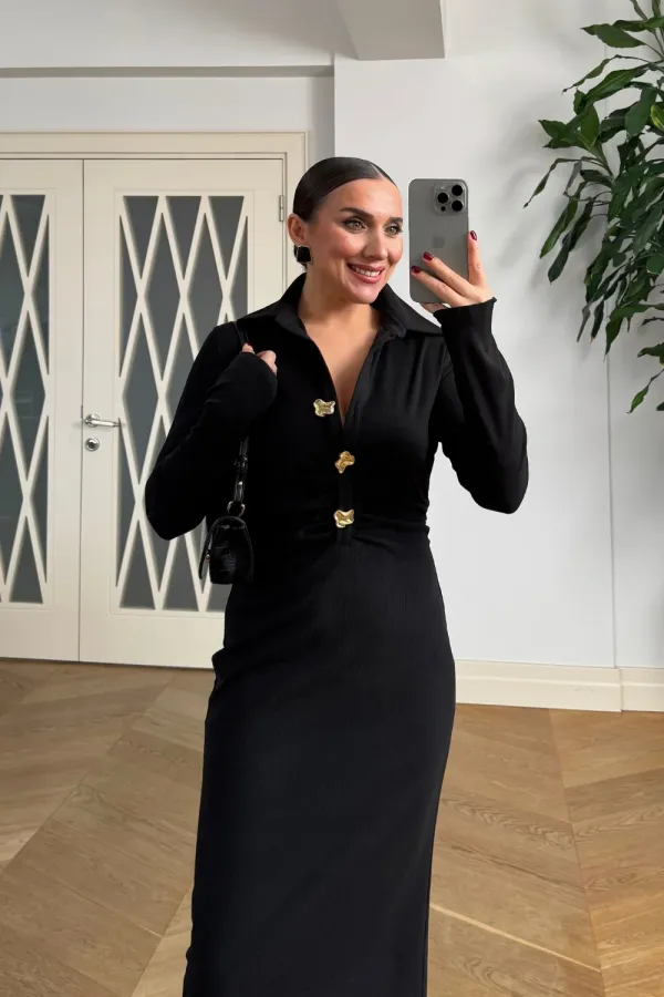 Kadife Dokulu Midi Gömlek Elbise