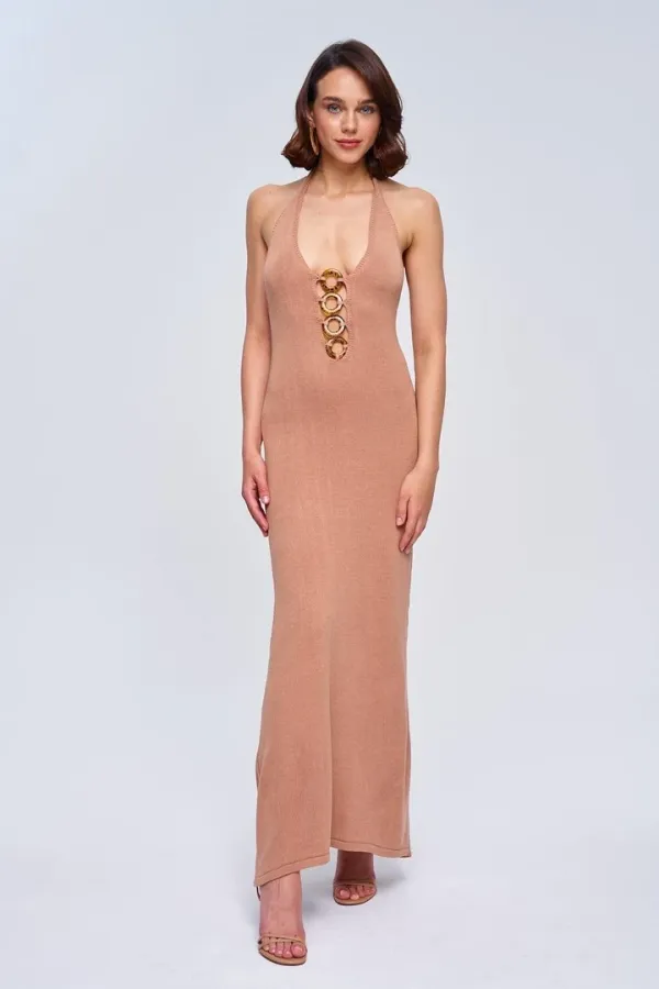 Boyundan Geçmeli Triko Uzun Elbise
