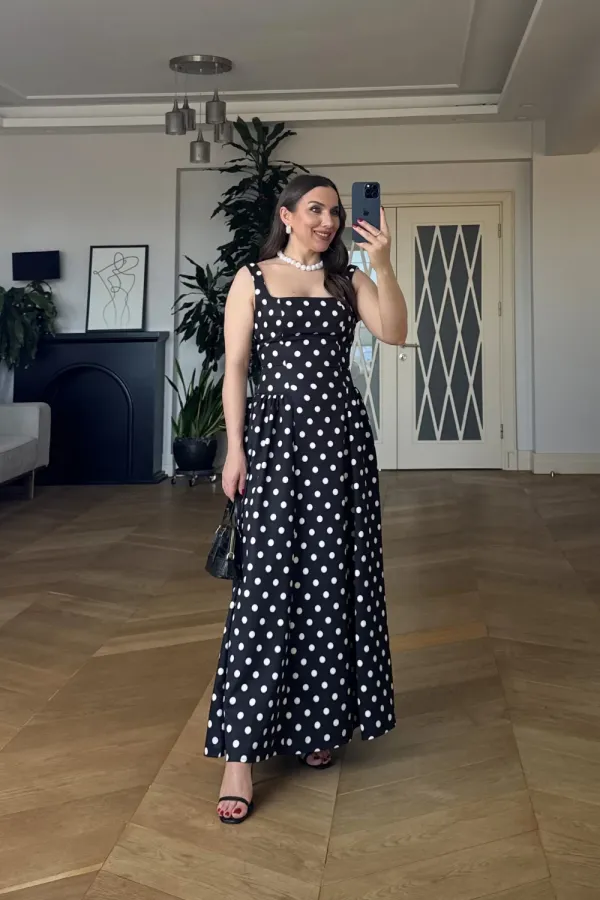 Square Neck Polka Dot Strappy Midi Dress Square Neck Polka Dot Strappy Midi Dress