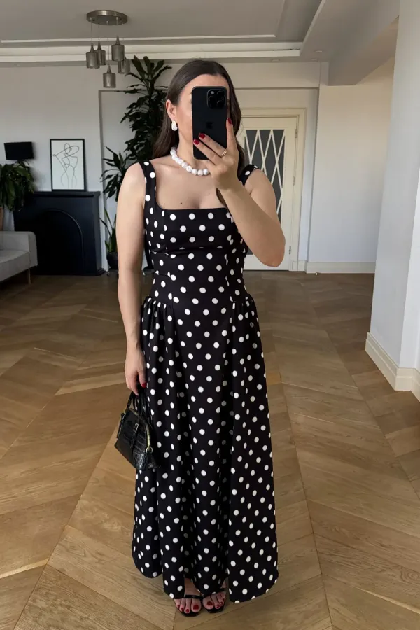 Square Neck Polka Dot Strappy Midi Dress Square Neck Polka Dot Strappy Midi Dress