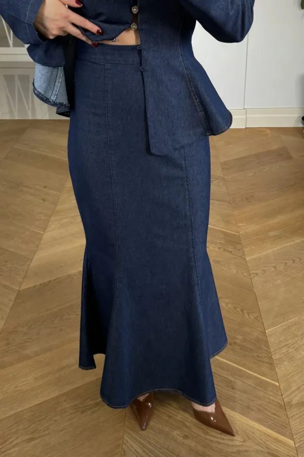 Vücüda Oturan Gömlek Etek Denim Takım