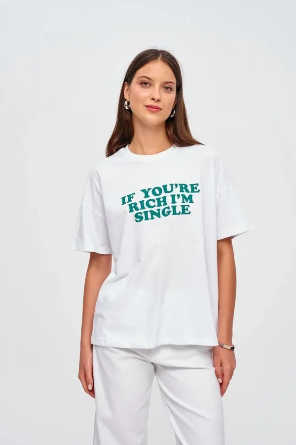 Oversize Bisiklet Yaka Baskılı Kadın Tişört