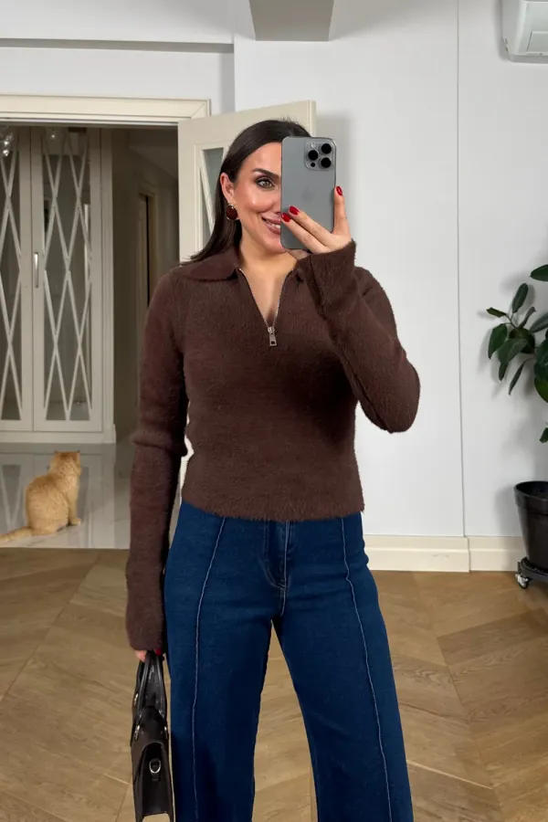 Polo Yaka Fermuarlı Triko Kadın Kazak