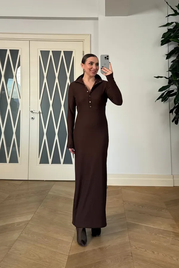 Fitilli Dik Yaka  Uzun Kollu Uzun Elbise