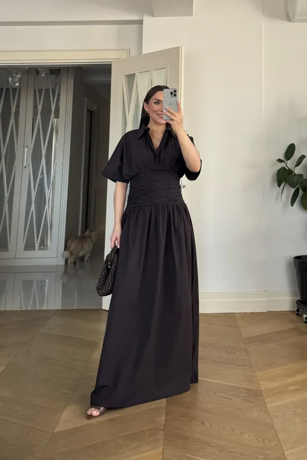 Gömlek Yaka Drapeli Uzun Elbise