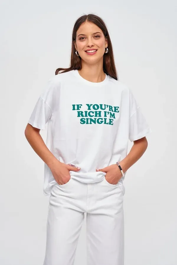 Oversize Bisiklet Yaka Baskılı Kadın Tişört