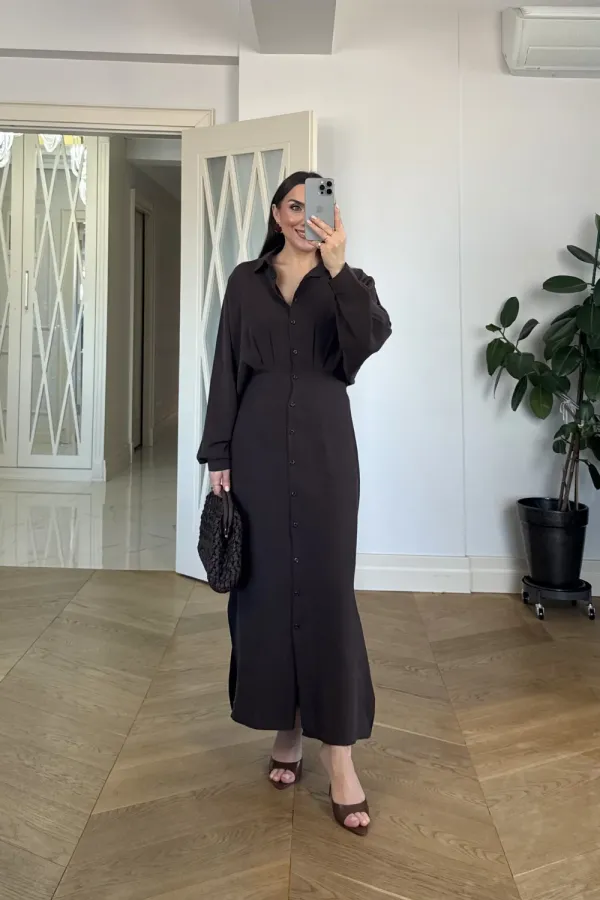 Kuşak Detaylı Uzun Kollu Gömlek Elbise