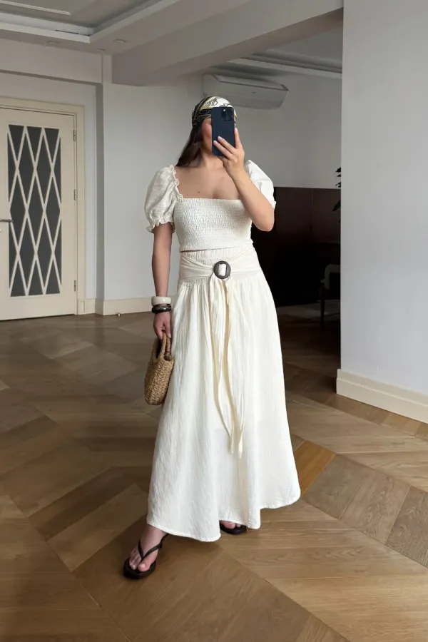 Beli Lastikli Müslin Midi Etek