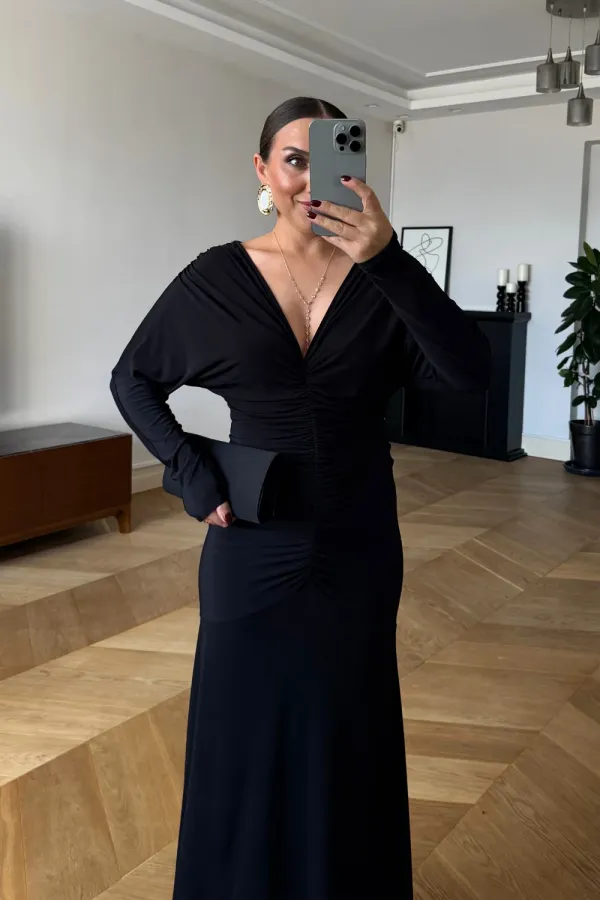 Büzgülü Uzun Kollu Uzun Elbise