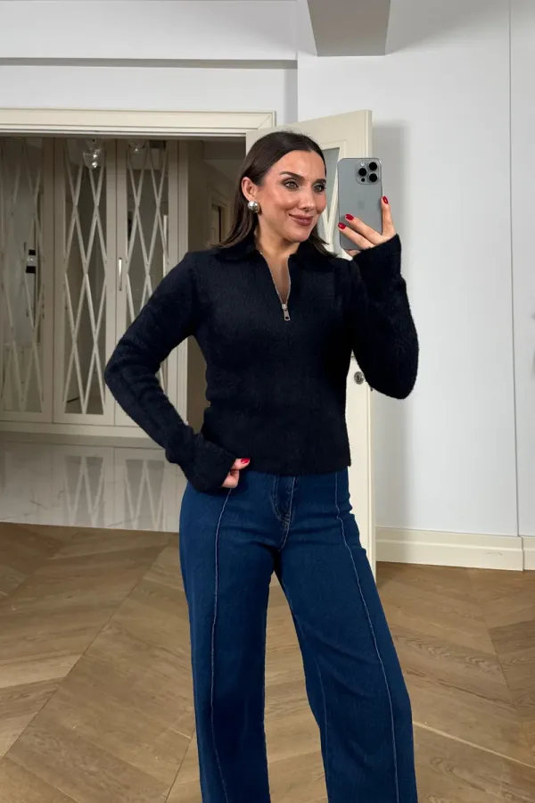 Polo Yaka Fermuarlı Triko Kadın Kazak