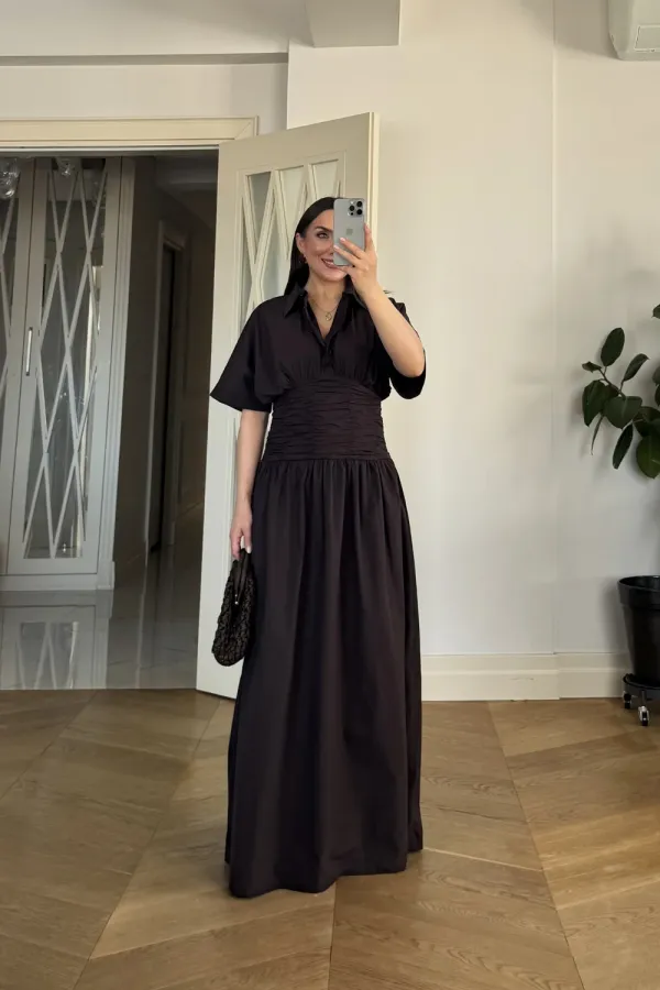 Gömlek Yaka Drapeli Uzun Elbise