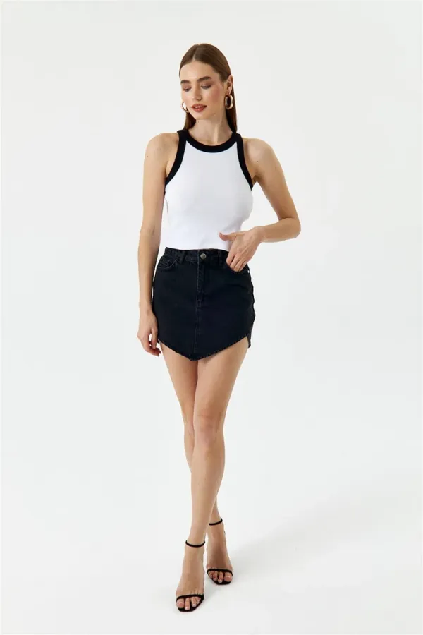 Asimetrik Kesim Mini Kot Etek