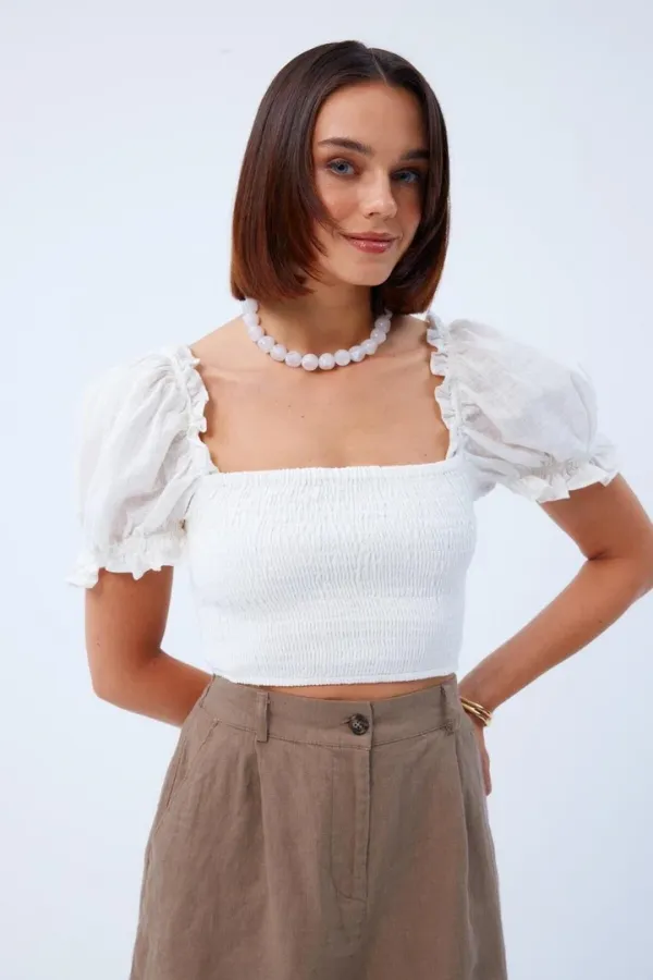 Balon Kol Gipeli Bej Bluz Tuba Butik