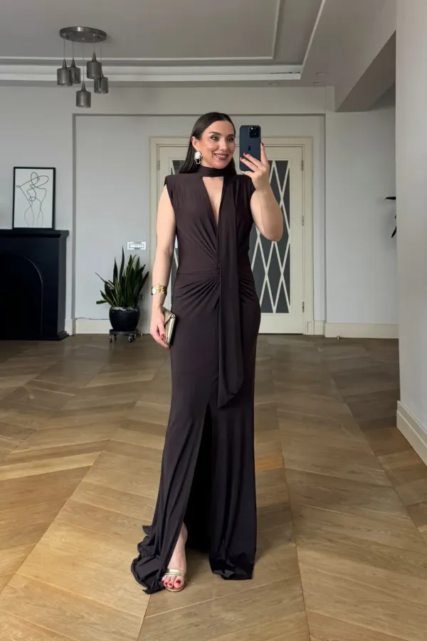 V-Neck Long Dress with Knot Detail