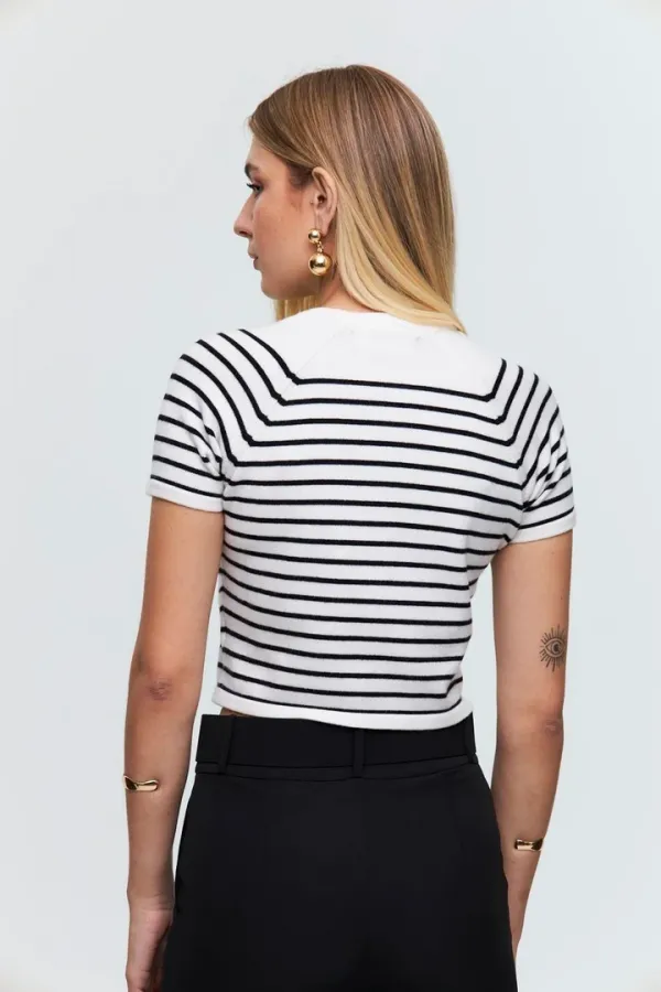 Bisiklet Yaka Kısa Kollu Çizgili Triko Bluz
