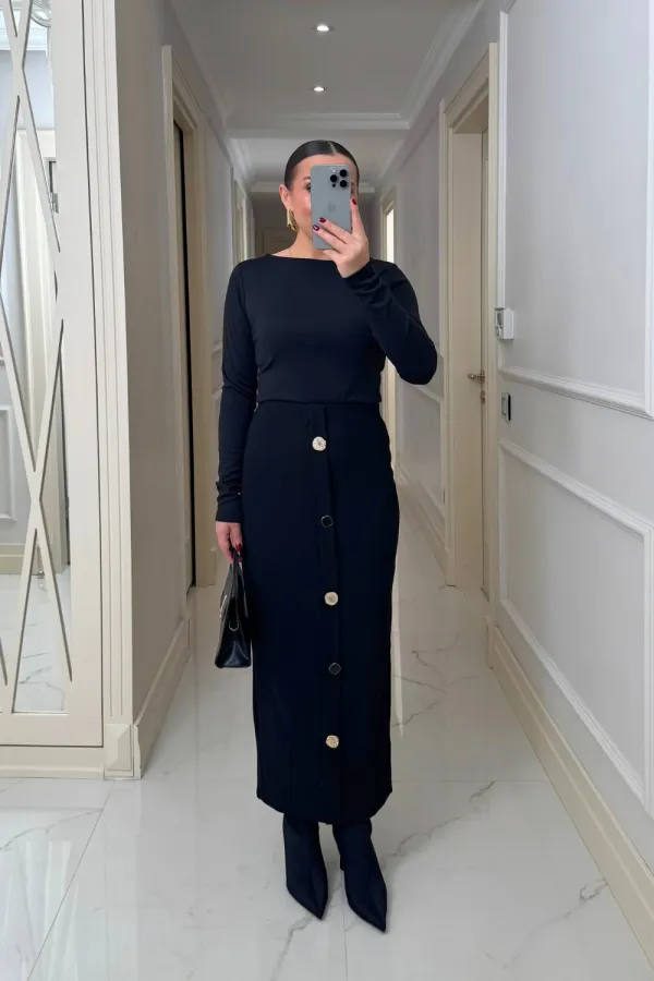 Düğmeli Fitilli Kalem Etek