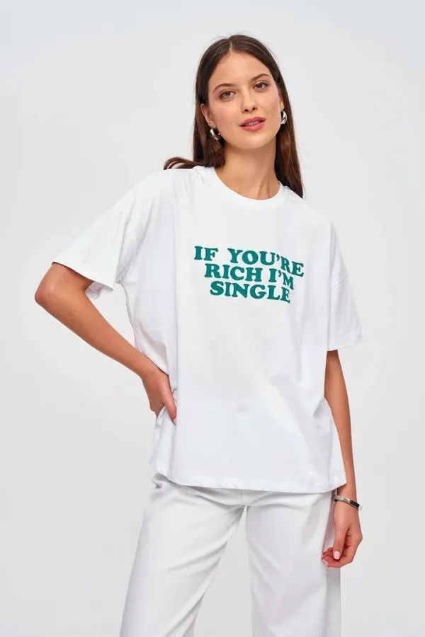 Oversize Bisiklet Yaka Baskılı Kadın Tişört