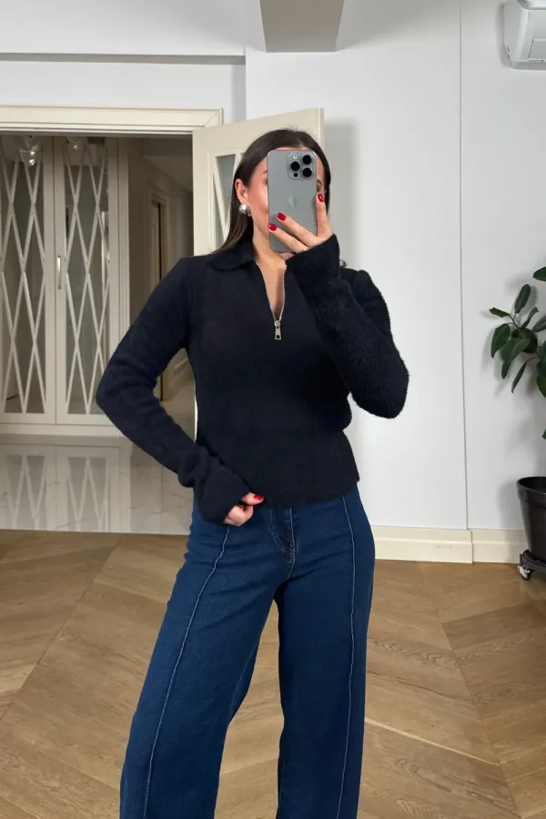 Polo Yaka Fermuarlı Triko Kadın Kazak