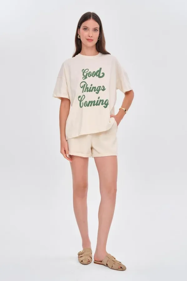 Oversize Baskılı Kısa Kollu Kadın Tişört %100 Pamuk